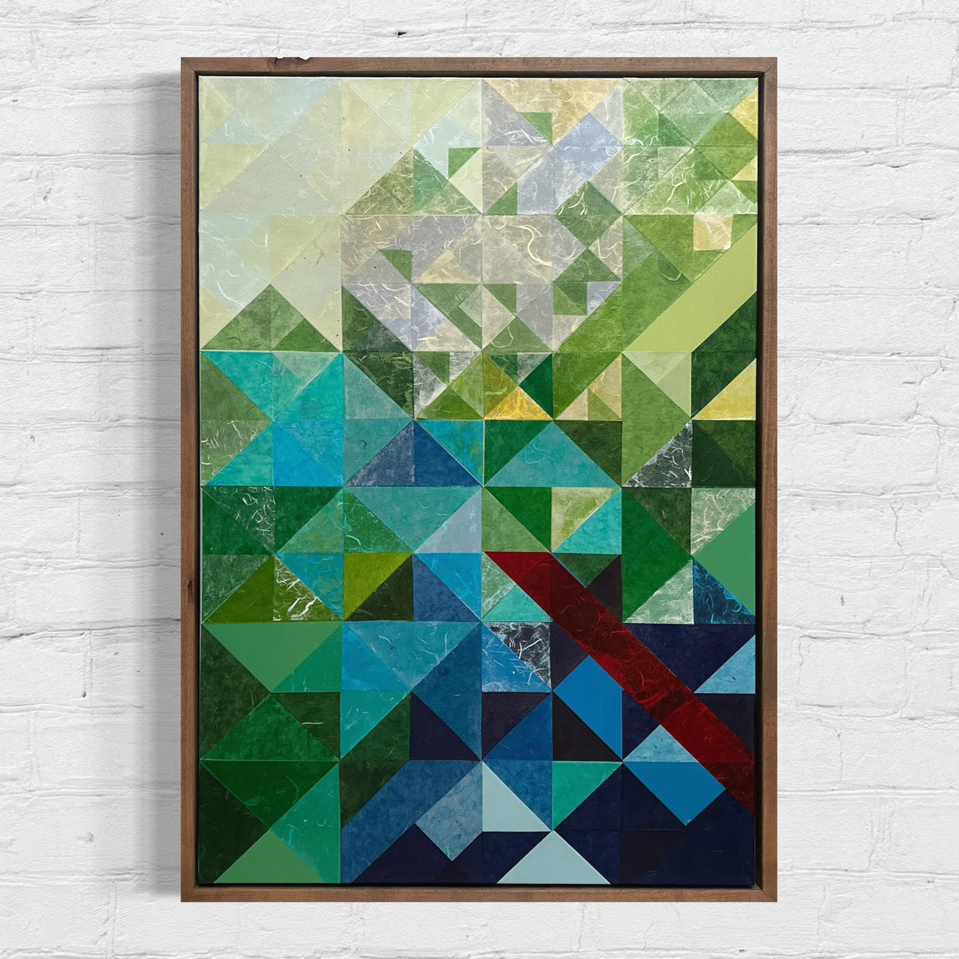 Euclid's Proof of Concept - geometric abstract painting by Jenson Nelson with green, blue, and red triangles in birch frame
