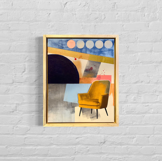 Take a Seat by Jenson Nelson - 16" x 20" geometric abstract with yellow chair framed on white brick wall