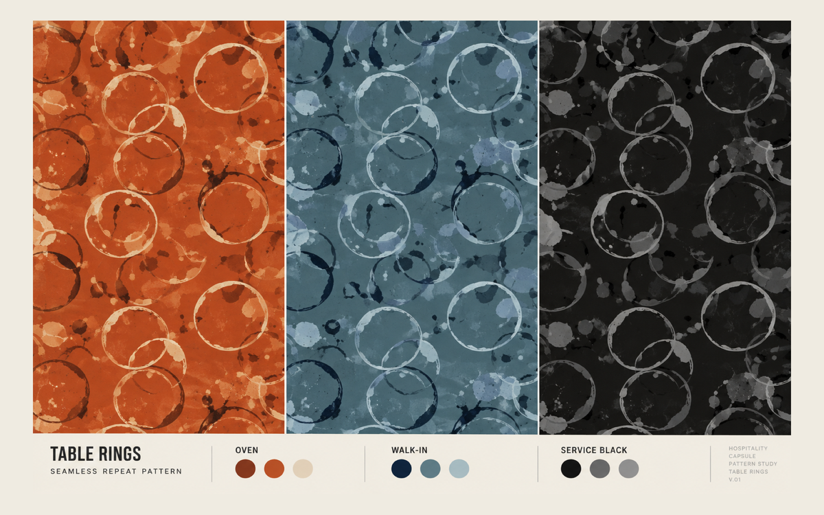 Table Rings seamless repeat pattern in three colorways: Oven, Walk-in, Service Black